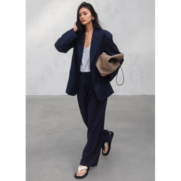 The Frankie Shop Canmore Pleated Trousers - Navy - Oversized Minimalist Pants in Blue - Shop at Luxury Shoes 