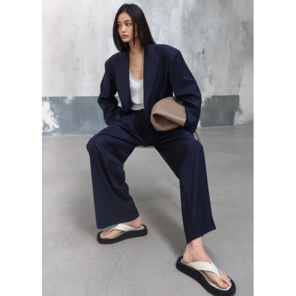 The Frankie Shop Canmore Pleated Trousers - Navy - Oversized Minimalist Pants in Blue - Shop at Luxury Shoes 