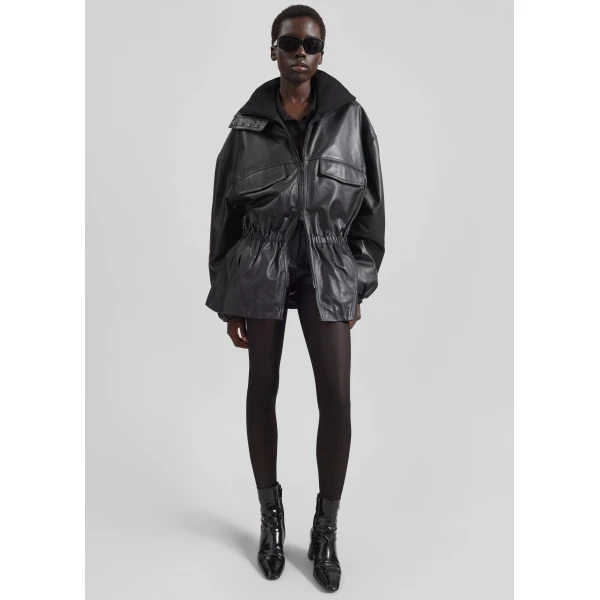 The Frankie Shop Carnaby Funnel Neck Leather Jacket - Black - Oversized Minimalist Jackets in Black - Shop at Luxury Shoes 