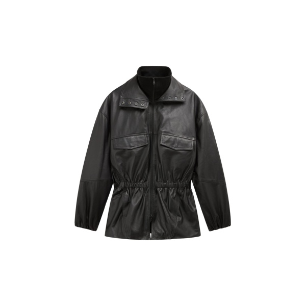 The Frankie Shop Carnaby Funnel Neck Leather Jacket - Black - Oversized Minimalist Jackets in Black - Shop at Luxury Shoes 