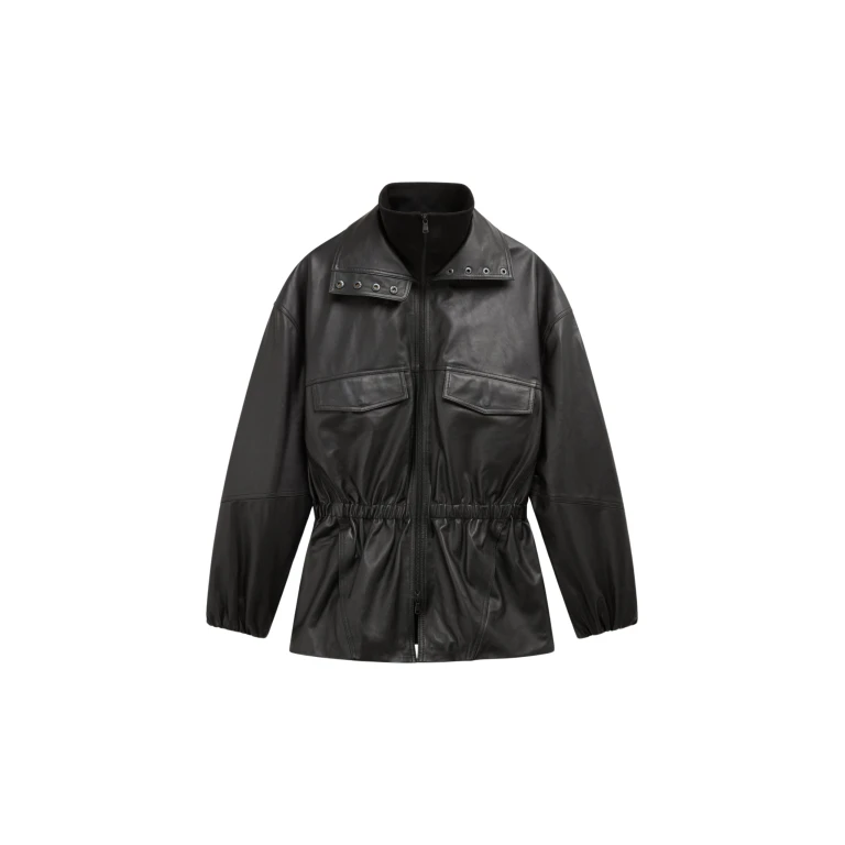 The Frankie Shop Carnaby Funnel Neck Leather Jacket - Black - Oversized Minimalist Jackets in Black - Shop at Luxury Shoes 