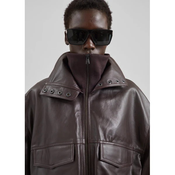 The Frankie Shop Carnaby Funnel Neck Leather Jacket - Dark Plum - Oversized Minimalist Jackets in Purple - Shop at Luxury Shoes 