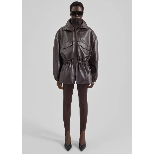 The Frankie Shop Carnaby Funnel Neck Leather Jacket - Dark Plum - Oversized Minimalist Jackets in Purple - Shop at Luxury Shoes 