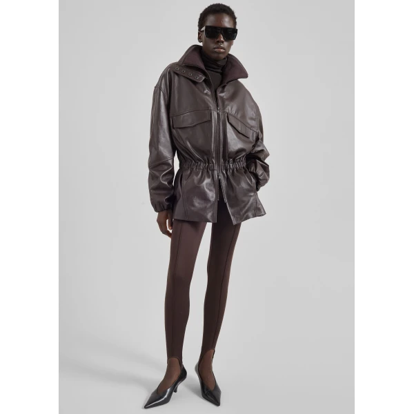 The Frankie Shop Carnaby Funnel Neck Leather Jacket - Dark Plum - Oversized Minimalist Jackets in Purple - Shop at Luxury Shoes 
