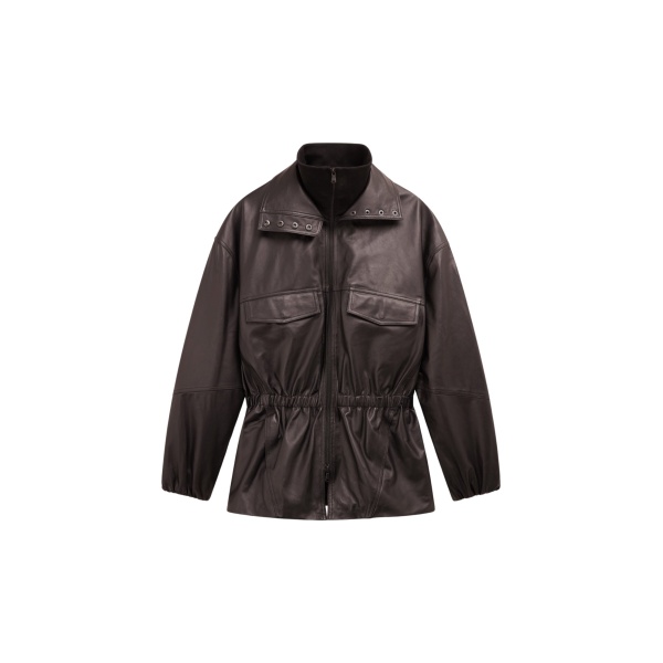 The Frankie Shop Carnaby Funnel Neck Leather Jacket - Dark Plum - Oversized Minimalist Jackets in Purple - Shop at Luxury Shoes 