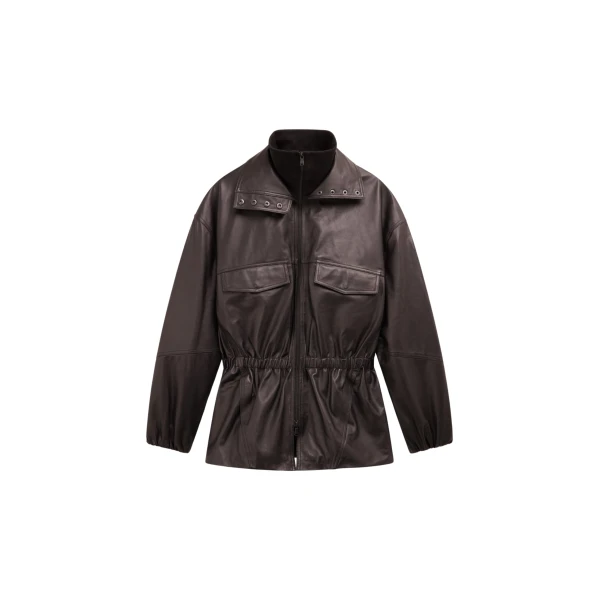 The Frankie Shop Carnaby Funnel Neck Leather Jacket - Dark Plum - Oversized Minimalist Jackets in Purple - Shop at Luxury Shoes 