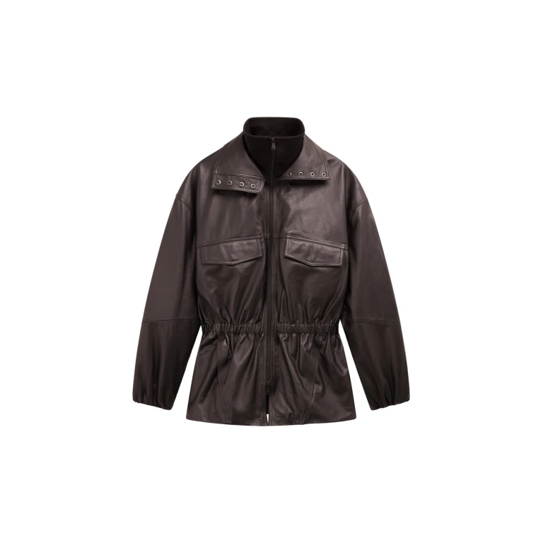 The Frankie Shop Carnaby Funnel Neck Leather Jacket - Dark Plum - Oversized Minimalist Jackets in Purple - Shop at Luxury Shoes 