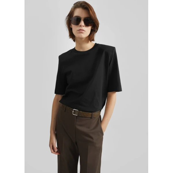 The Frankie Shop Carrington Padded Shoulder Tee - Black - Oversized Minimalist Tops in Black - Shop at Luxury Shoes 