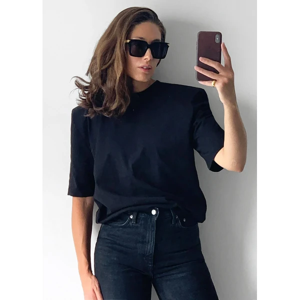 The Frankie Shop Carrington Padded Shoulder Tee - Black - Oversized Minimalist Tops in Black - Shop at Luxury Shoes 
