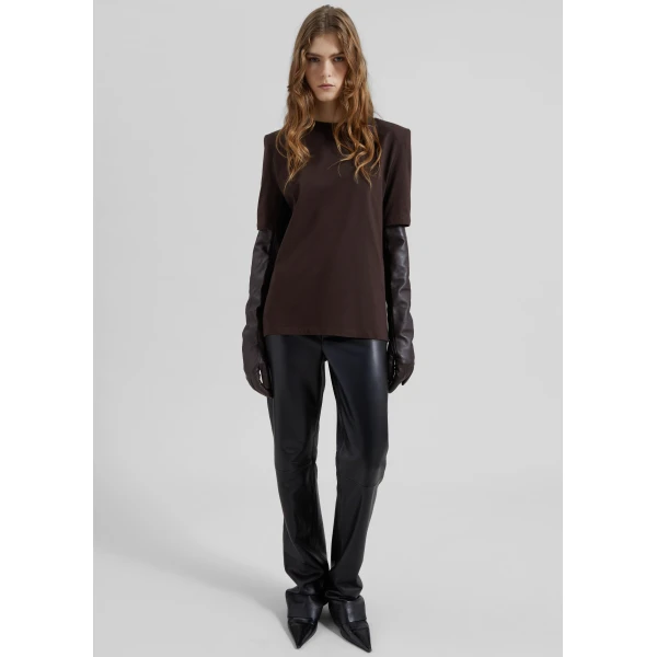 The Frankie Shop Carrington Padded Shoulder Tee – Brown Top, view 4