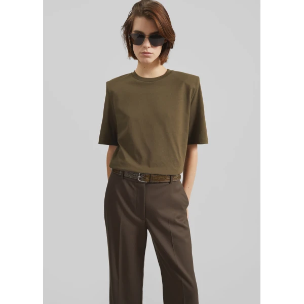 The Frankie Shop Carrington Padded Shoulder Tee - Olive - Oversized Minimalist Tops in Green - Shop at Luxury Shoes 