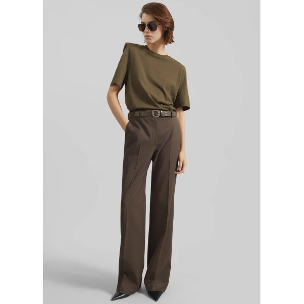 The Frankie Shop Carrington Padded Shoulder Tee - Olive - Oversized Minimalist Tops in Green - Shop at Luxury Shoes 