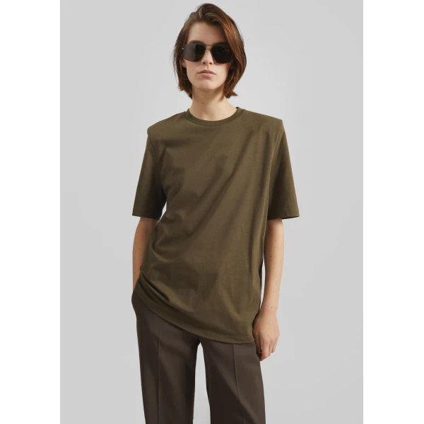 The Frankie Shop Carrington Padded Shoulder Tee - Olive - Oversized Minimalist Tops in Green - Shop at Luxury Shoes 