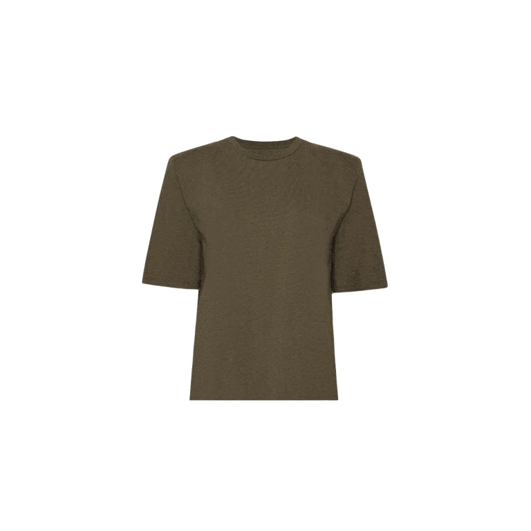 The Frankie Shop Carrington Padded Shoulder Tee - Olive - Oversized Minimalist Tops in Green - Shop at Luxury Shoes 