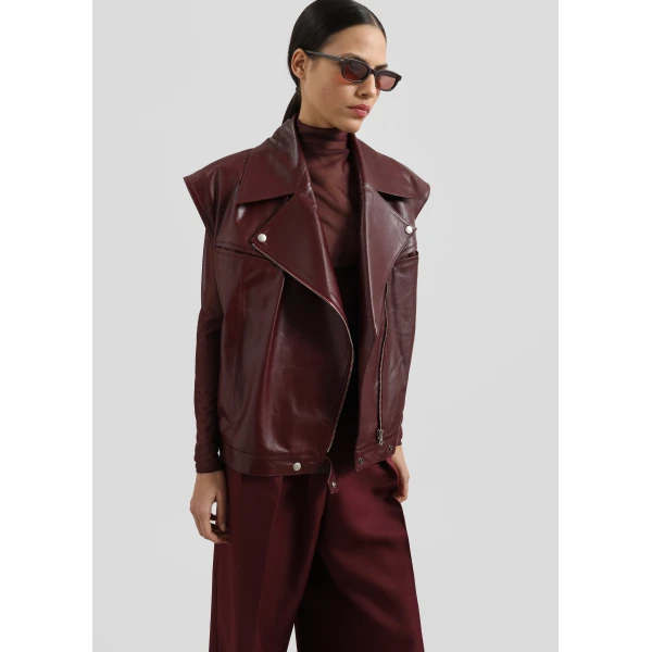 The Frankie Shop Cetina Leather Vest - Burgundy - Oversized Minimalist Jackets in Red - Shop at Luxury Shoes 