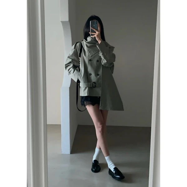 The Frankie Shop Charonne Scarf Short Trench - Sage - Oversized Minimalist Coats in Green - Shop at Luxury Shoes 