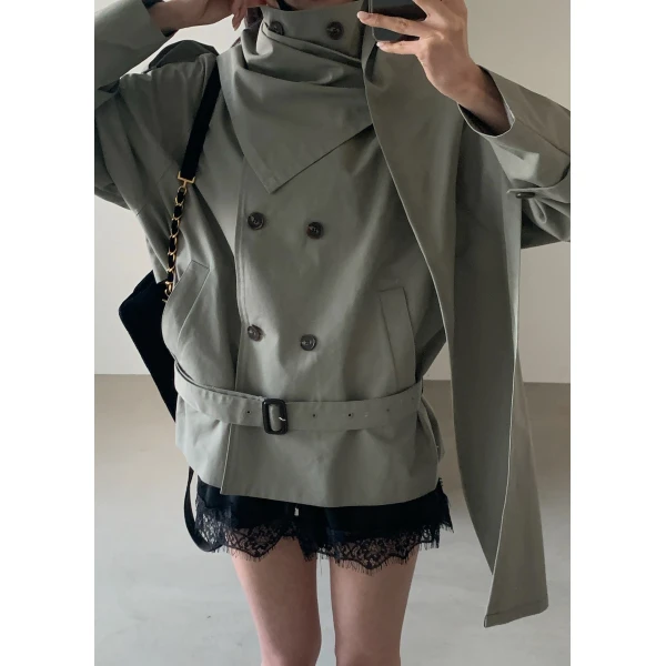The Frankie Shop Charonne Scarf Short Trench - Sage - Oversized Minimalist Coats in Green - Shop at Luxury Shoes 