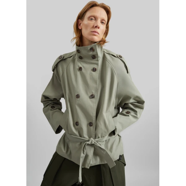 The Frankie Shop Charonne Scarf Short Trench - Sage - Oversized Minimalist Coats in Green - Shop at Luxury Shoes 