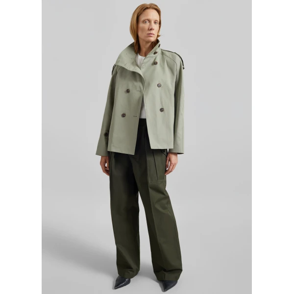 The Frankie Shop Charonne Scarf Short Trench - Sage - Oversized Minimalist Coats in Green - Shop at Luxury Shoes 