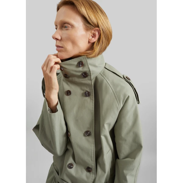 The Frankie Shop Charonne Scarf Short Trench - Sage - Oversized Minimalist Coats in Green - Shop at Luxury Shoes 
