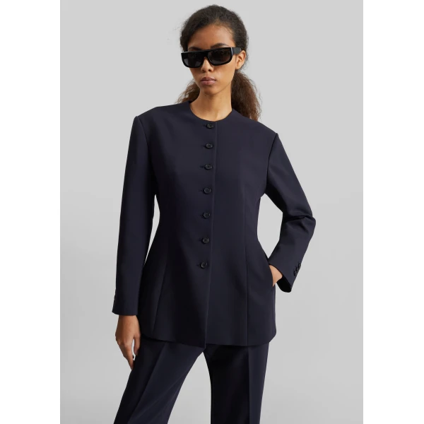 The Frankie Shop Chesnay Collarless Blazer - Navy - Oversized Minimalist Jackets in Blue - Shop at Luxury Shoes 