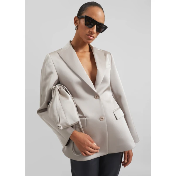 The Frankie Shop Colette Hourglass Satin Blazer - Light Taupe - Oversized Minimalist Jackets in Beige - Shop at Luxury Shoes 