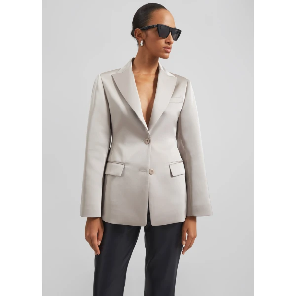 The Frankie Shop Colette Hourglass Satin Blazer - Light Taupe - Oversized Minimalist Jackets in Beige - Shop at Luxury Shoes 