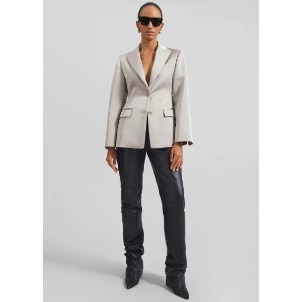 The Frankie Shop Colette Hourglass Satin Blazer - Light Taupe - Oversized Minimalist Jackets in Beige - Shop at Luxury Shoes 