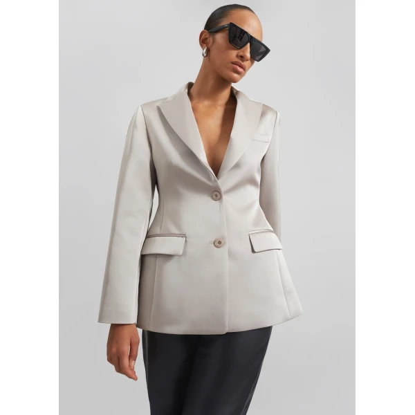 The Frankie Shop Colette Hourglass Satin Blazer - Light Taupe - Oversized Minimalist Jackets in Beige - Shop at Luxury Shoes 