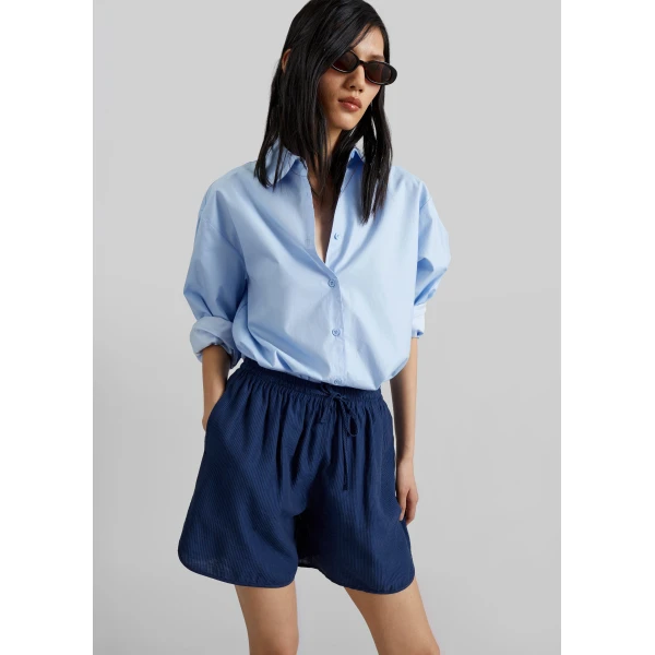 The Frankie Shop Coria Boxer Shorts - Navy Stripe - Oversized Minimalist Shorts in Multicolour - Shop at Luxury Shoes 