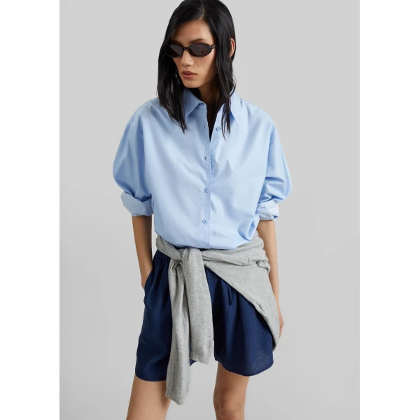 The Frankie Shop Coria Boxer Shorts - Navy Stripe - Oversized Minimalist Shorts in Multicolour - Shop at Luxury Shoes 