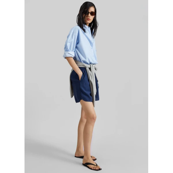 The Frankie Shop Coria Boxer Shorts - Navy Stripe - Oversized Minimalist Shorts in Multicolour - Shop at Luxury Shoes 
