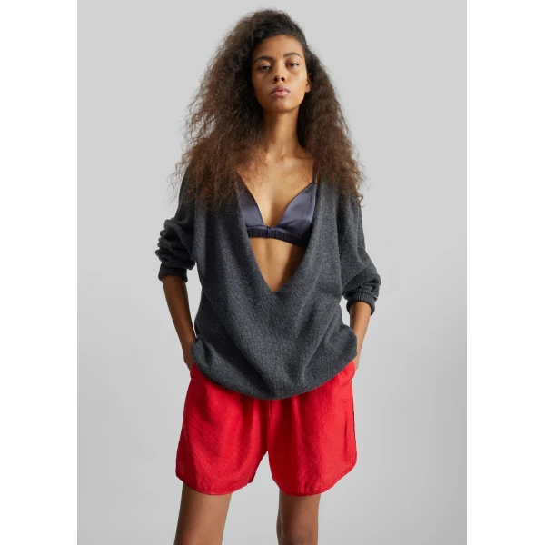 The Frankie Shop Coria Boxer Shorts - Red Stripe - Oversized Minimalist Shorts in Red - Shop at Luxury Shoes 