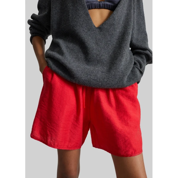 The Frankie Shop Coria Boxer Shorts - Red Stripe - Oversized Minimalist Shorts in Red - Shop at Luxury Shoes 