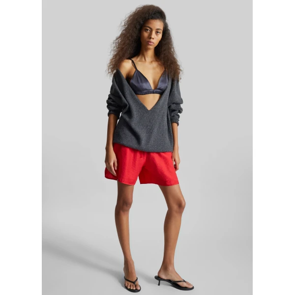 The Frankie Shop Coria Boxer Shorts - Red Stripe - Oversized Minimalist Shorts in Red - Shop at Luxury Shoes 