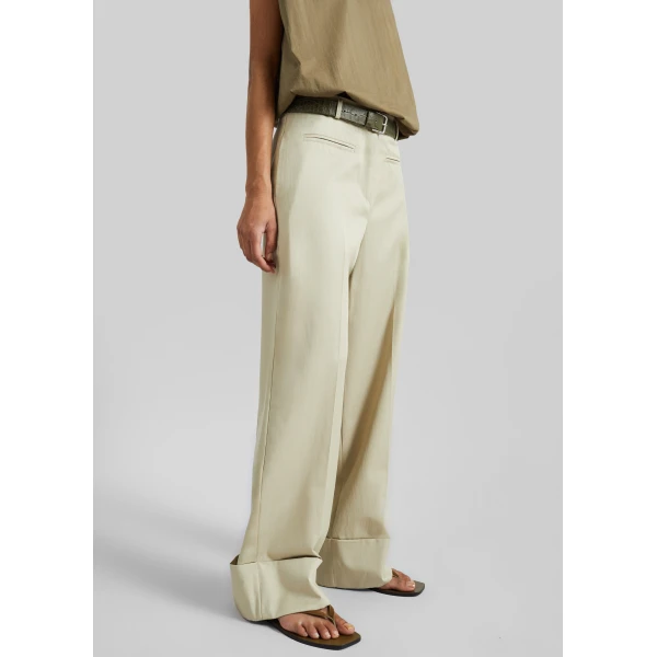 The Frankie Shop Corris Straight Cuff Trousers - Beige - Oversized Minimalist Pants in Beige - Shop at Luxury Shoes 