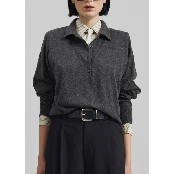 The Frankie Shop Croydon Padded Knit Polo - Grey - Oversized Minimalist Knitwear in Grey - Shop at Luxury Shoes 