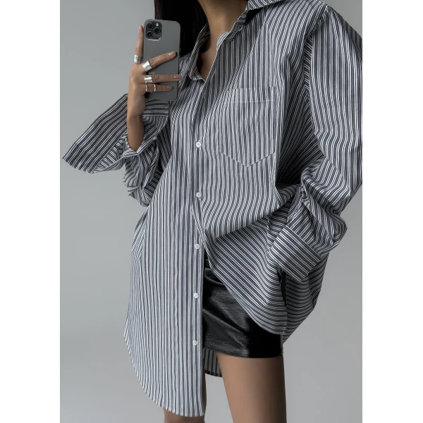 The Frankie Shop Cyrus Button Up Shirt - Black/White Stripe - Oversized Minimalist Tops in Multicolour - Shop at Luxury Shoes 