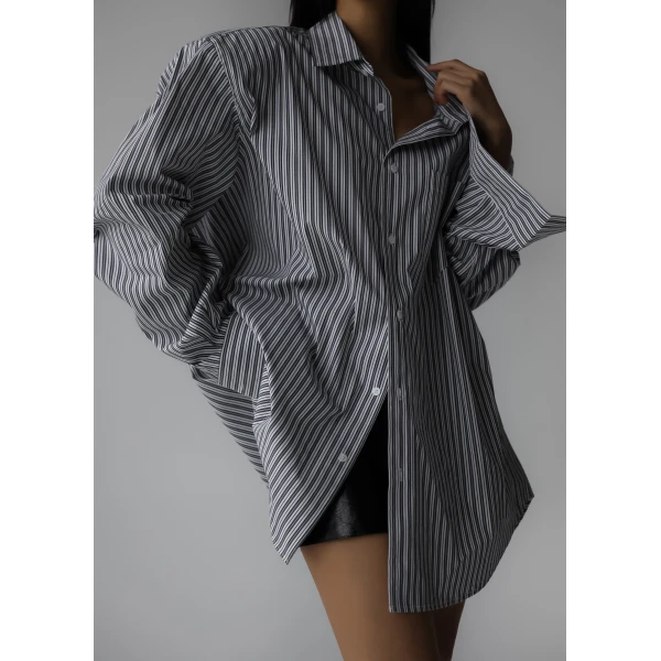 The Frankie Shop Cyrus Button Up Shirt - Black/White Stripe - Oversized Minimalist Tops in Multicolour - Shop at Luxury Shoes 