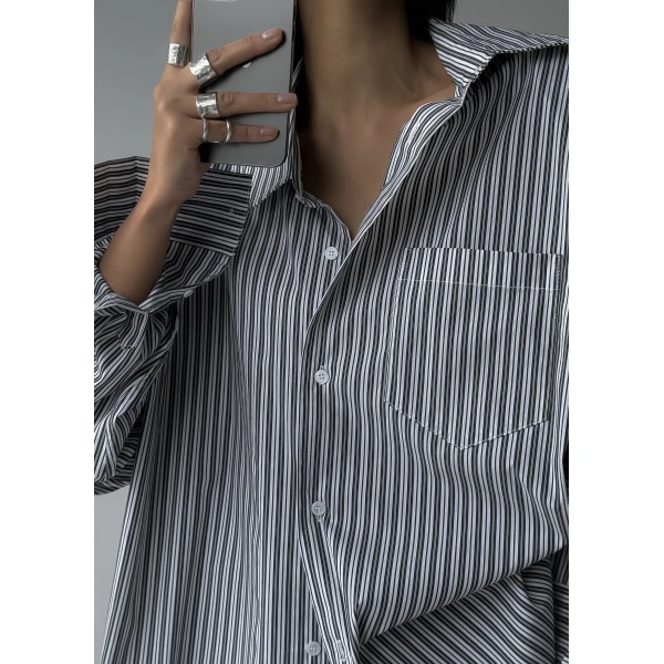 The Frankie Shop Cyrus Button Up Shirt - Black/White Stripe - Oversized Minimalist Tops in Multicolour - Shop at Luxury Shoes 