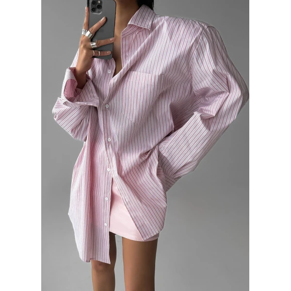 The Frankie Shop Cyrus Button Up Shirt - Pink/White Stripe - Oversized Minimalist Tops in Multicolour - Shop at Luxury Shoes 