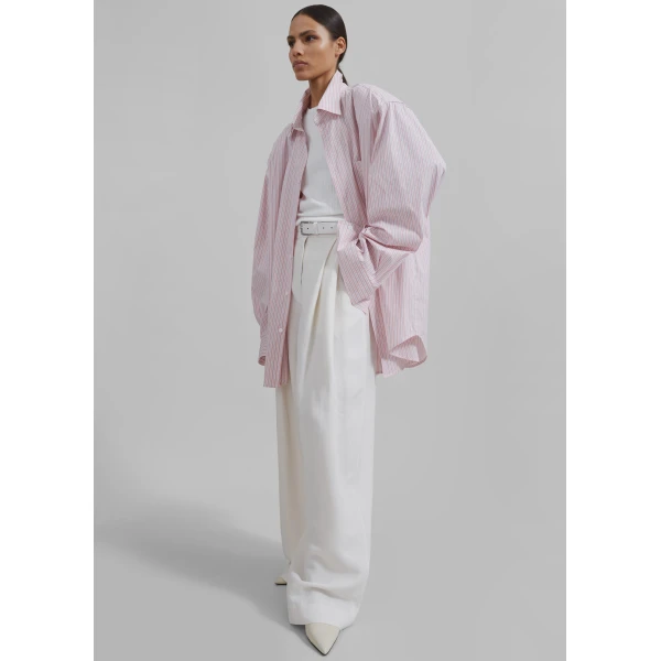 The Frankie Shop Cyrus Button Up Shirt - Pink/White Stripe - Oversized Minimalist Tops in Multicolour - Shop at Luxury Shoes 