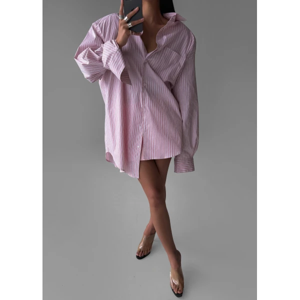 The Frankie Shop Cyrus Button Up Shirt - Pink/White Stripe - Oversized Minimalist Tops in Multicolour - Shop at Luxury Shoes 