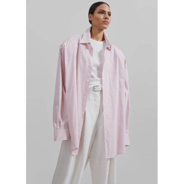 The Frankie Shop Cyrus Button Up Shirt - Pink/White Stripe - Oversized Minimalist Tops in Multicolour - Shop at Luxury Shoes 