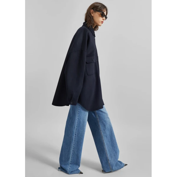 The Frankie Shop Dallas Wool Overshirt - Navy - Oversized Minimalist Tops in Blue - Shop at Luxury Shoes 