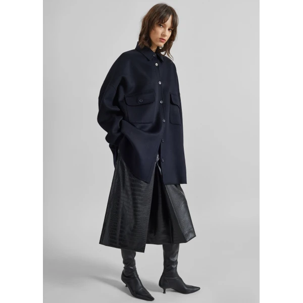 The Frankie Shop Dallas Wool Overshirt - Navy - Oversized Minimalist Tops in Blue - Shop at Luxury Shoes 
