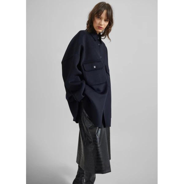 The Frankie Shop Dallas Wool Overshirt - Navy - Oversized Minimalist Tops in Blue - Shop at Luxury Shoes 