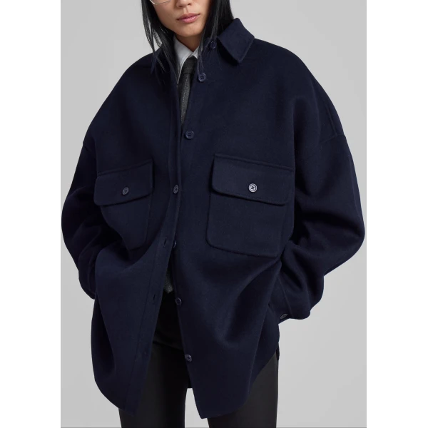The Frankie Shop Dallas Wool Overshirt - Navy - Oversized Minimalist Tops in Blue - Shop at Luxury Shoes 