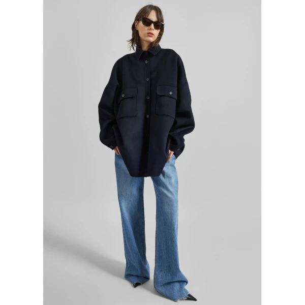 The Frankie Shop Dallas Wool Overshirt - Navy - Oversized Minimalist Tops in Blue - Shop at Luxury Shoes 