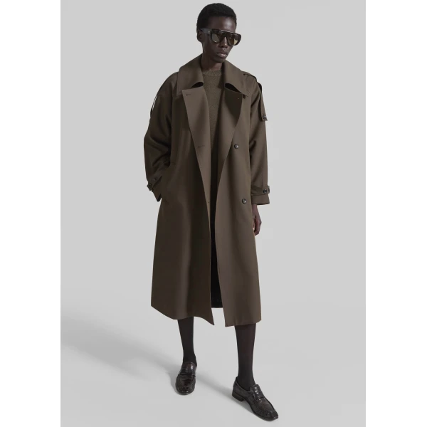 The Frankie Shop Dartford Trench Coat - Olive Brown - Oversized Minimalist Coats in Beige - Shop at Luxury Shoes 
